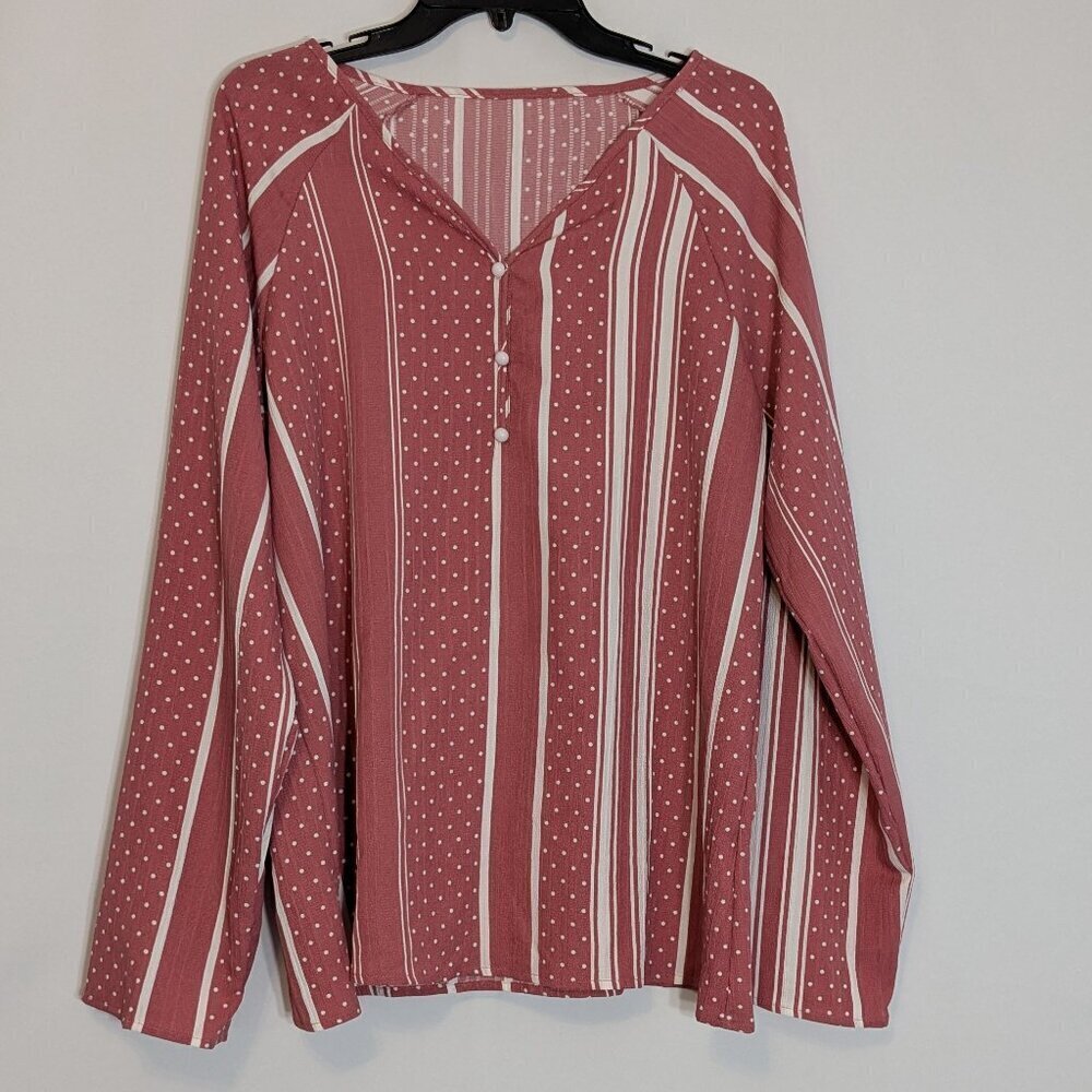 Rose Pink & White Striped Dotted Long Sleeve Lightweight Pullover Top; Size 2XL